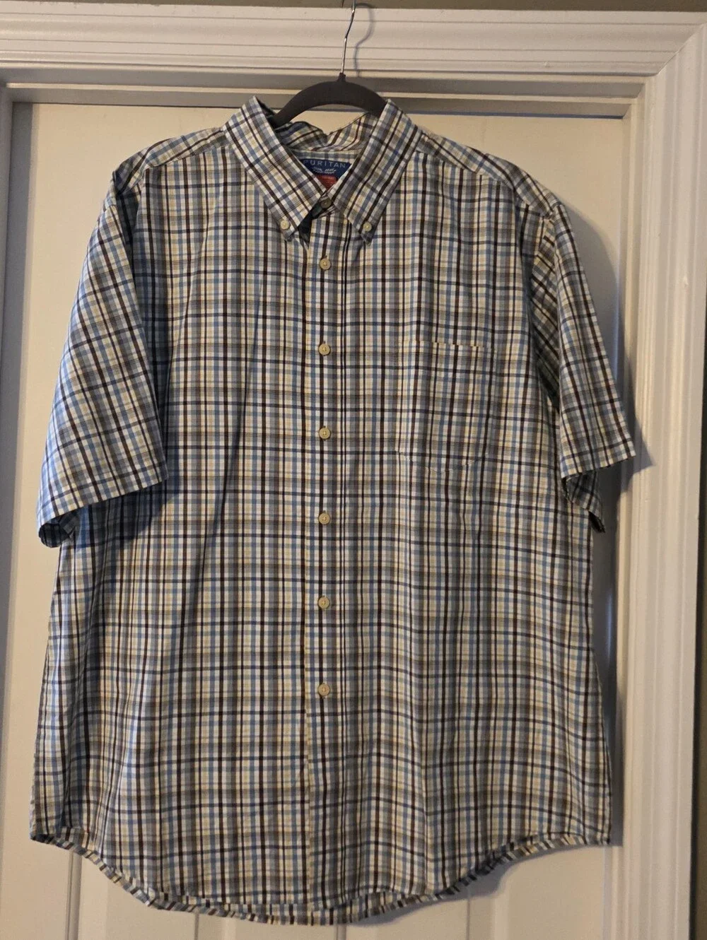 Puritan Short-Sleeve Blue and White Plaid Button-Down Shirt
